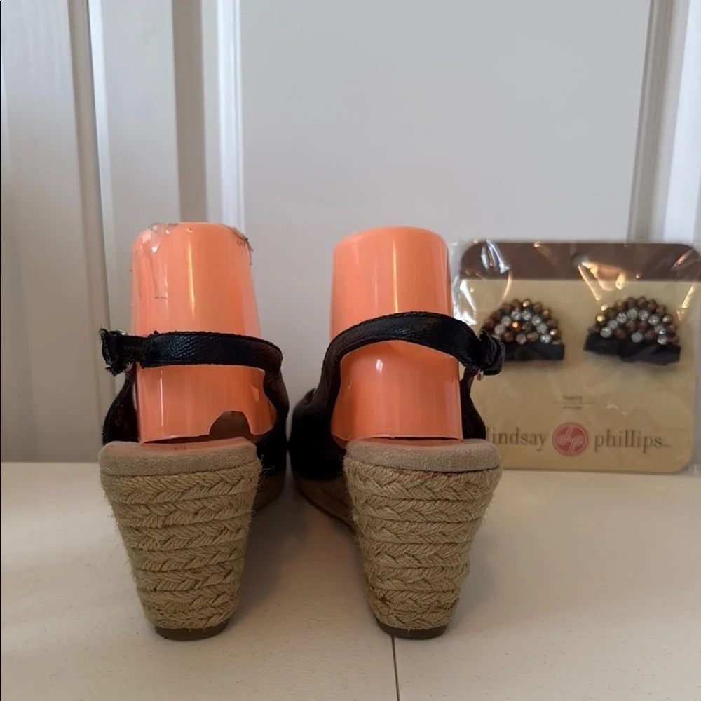 *Lindsay Phillips Black Espadrille Wedges with Peep-Toe & New package of snaps